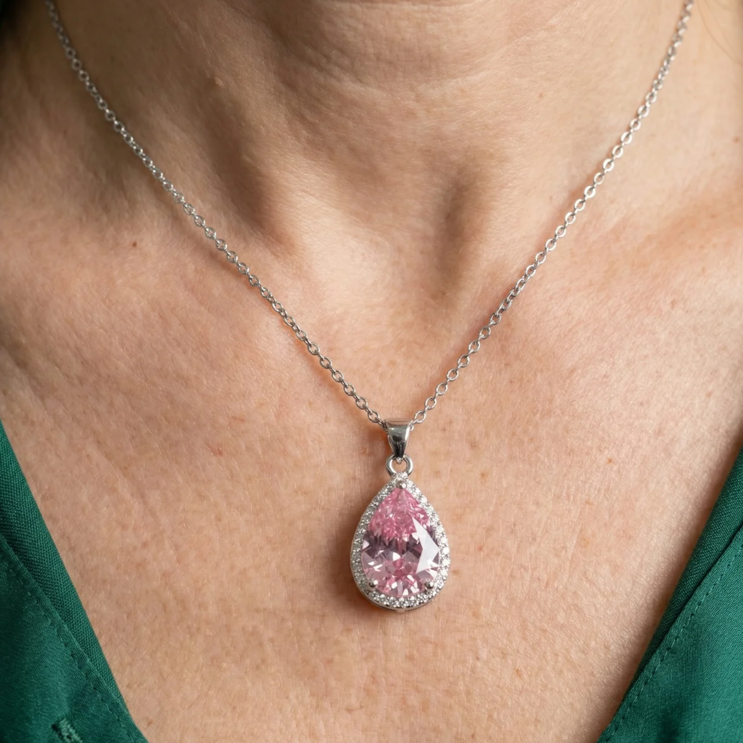 Pink Teardrop Necklace | White Gold